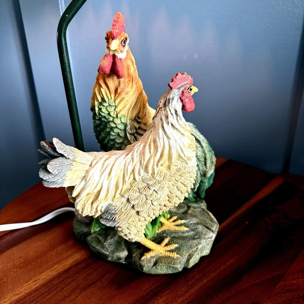 Vintage Rooster‎ and Chicken Table Lamp Plaid Shade Farmhouse Cottage 20